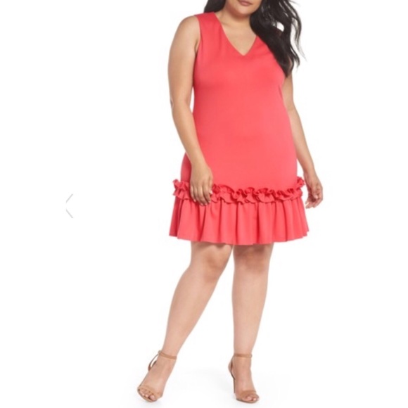 NWT CHELSEA28 Ruffle Hem Sheath Dress in Coral - Picture 1 of 7